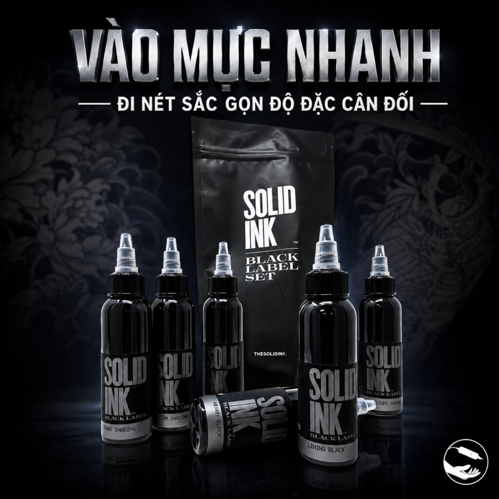 muc-xam-den-solid-ink-lining-black-chinh-hang (6) (1) Mực xăm Solid Ink Lining Black chuyên dùng cho đi nét, linework và lettering tattoo, hỗ trợ đường nét rõ gọn, đen sâu và hạn chế tình trạng nở nét, lem mực sau khi xăm.