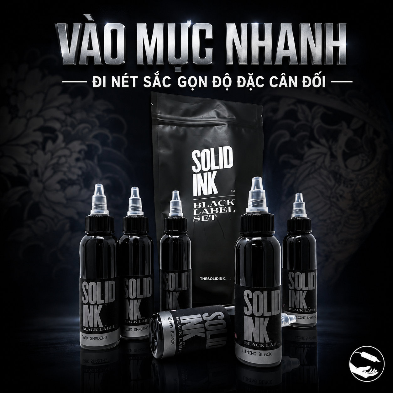 Mực xăm Solid Ink Lining Black chuyên dùng cho đi nét, linework và lettering tattoo, hỗ trợ đường nét rõ gọn, đen sâu và hạn chế tình trạng nở nét, lem mực sau khi xăm.