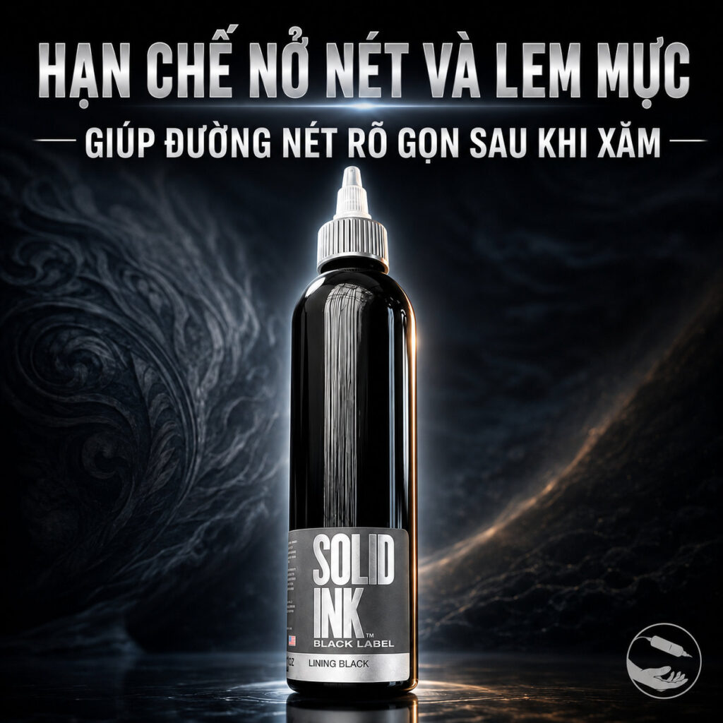 muc-xam-den-solid-ink-lining-black-chinh-hang (9) (1) Mực xăm Solid Ink Lining Black chuyên dùng cho đi nét, linework và lettering tattoo, hỗ trợ đường nét rõ gọn, đen sâu và hạn chế tình trạng nở nét, lem mực sau khi xăm.