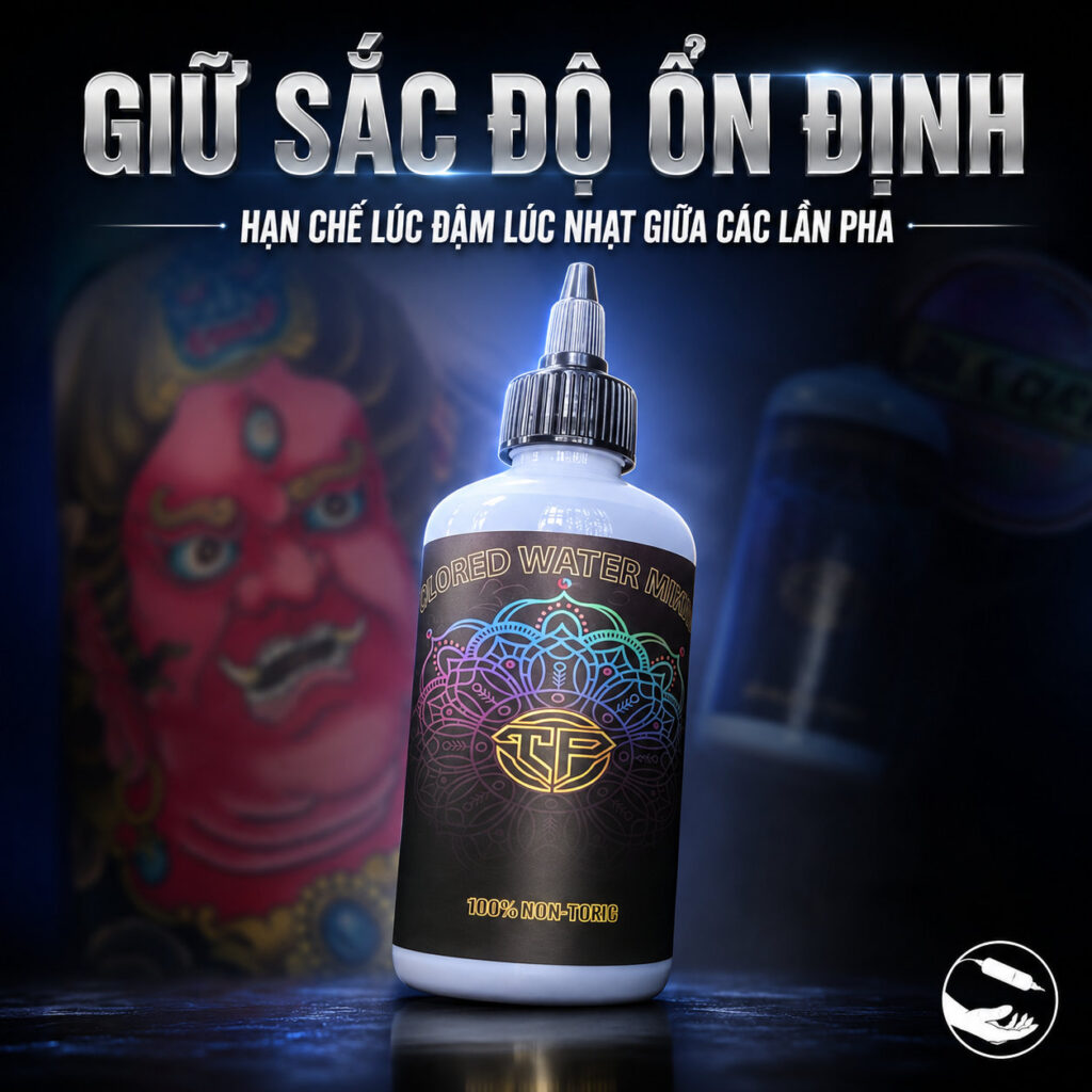 nuoc-pha-muc-xam-tp-5 (4) (1) Nước pha mực xăm TP Colored Water Mixing hỗ trợ làm loãng mực đúng độ, hạn chế mực bị bệt và giúp thợ xăm kiểm soát sắc độ tốt hơn khi đi nét, đổ bóng và pha màu tattoo.