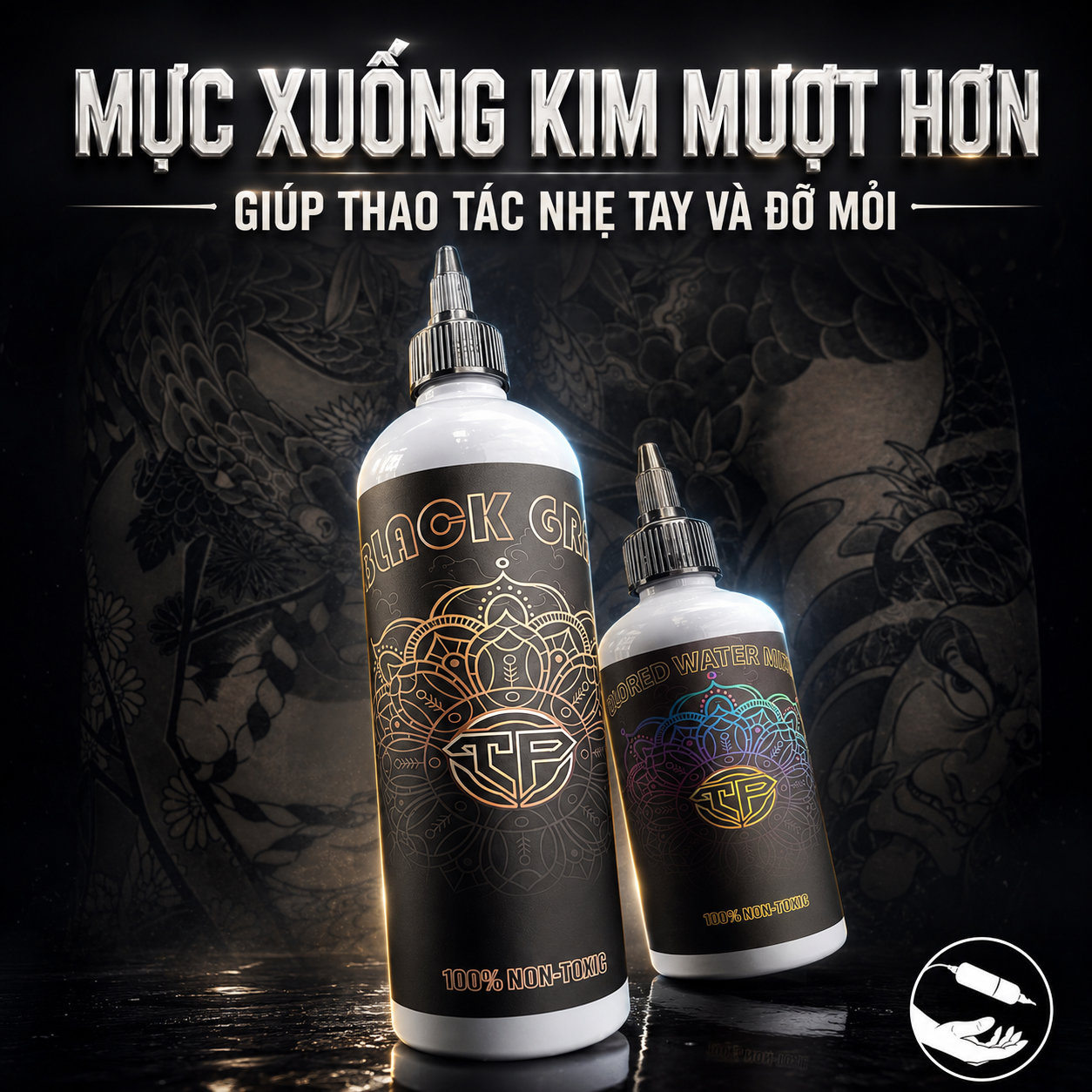Hai chai nước pha mực TP với thông điệp mực xuống kim mượt hơn