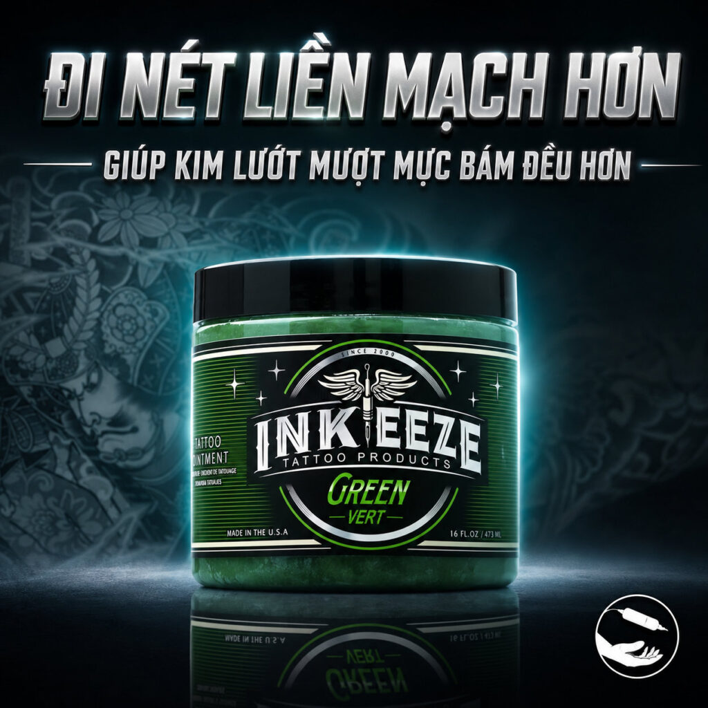 Kem bôi xăm Ink Eeze Green Glide Tattoo Ointment hỗ trợ làm mềm da, giảm ma sát khi đi kim, giúp thao tác mượt hơn và hỗ trợ lau mực thừa gọn hơn trong quá trình xăm.