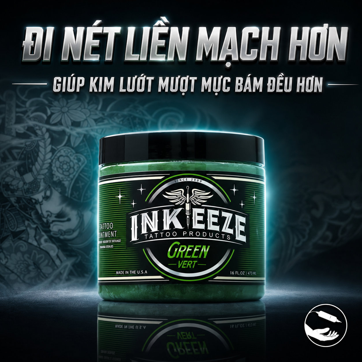 Kem bôi xăm Ink Eeze Green Glide Tattoo Ointment 16oz Kem bôi xăm Ink Eeze Green Glide Tattoo Ointment hỗ trợ làm mềm da, giảm ma sát khi đi kim, giúp thao tác mượt hơn và hỗ trợ lau mực thừa gọn hơn trong quá trình xăm.