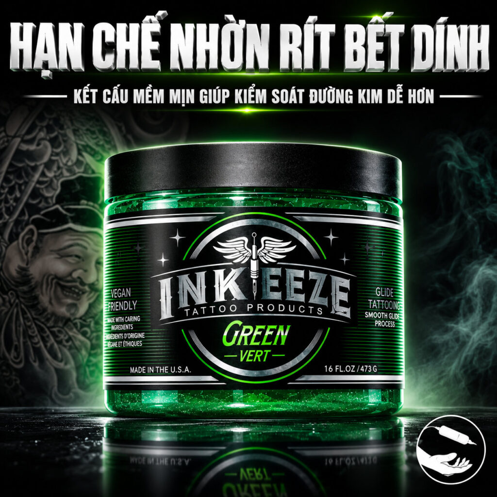 Kem bôi xăm Ink Eeze Green Glide Tattoo Ointment hỗ trợ làm mềm da, giảm ma sát khi đi kim, giúp thao tác mượt hơn và hỗ trợ lau mực thừa gọn hơn trong quá trình xăm.