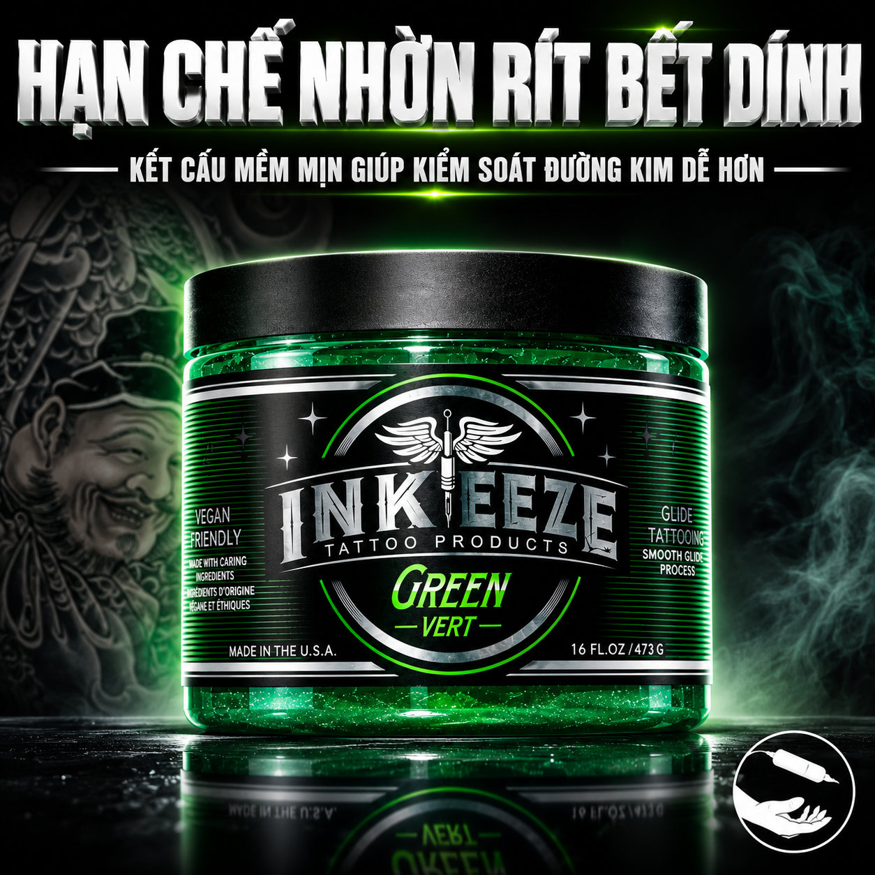 Kem bôi xăm Ink Eeze Green Glide Tattoo Ointment hỗ trợ làm mềm da, giảm ma sát khi đi kim, giúp thao tác mượt hơn và hỗ trợ lau mực thừa gọn hơn trong quá trình xăm.
