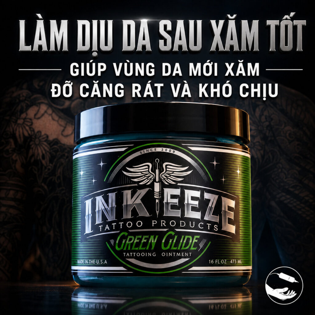 Kem bôi xăm Ink Eeze Green Glide Tattoo Ointment hỗ trợ làm mềm da, giảm ma sát khi đi kim, giúp thao tác mượt hơn và hỗ trợ lau mực thừa gọn hơn trong quá trình xăm.