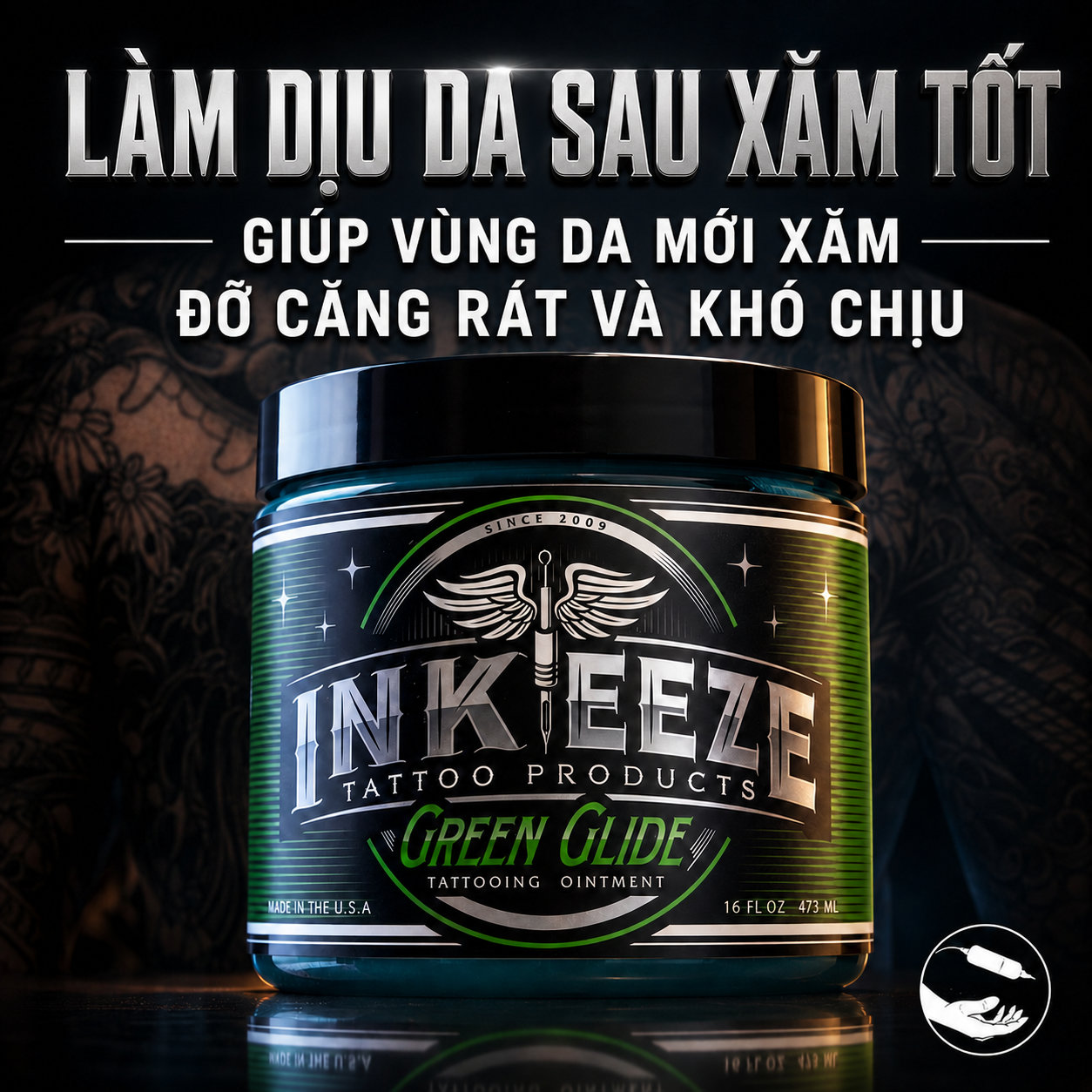 Kem bôi xăm Ink Eeze Green Glide Tattoo Ointment 16oz Kem bôi xăm Ink Eeze Green Glide Tattoo Ointment hỗ trợ làm mềm da, giảm ma sát khi đi kim, giúp thao tác mượt hơn và hỗ trợ lau mực thừa gọn hơn trong quá trình xăm.