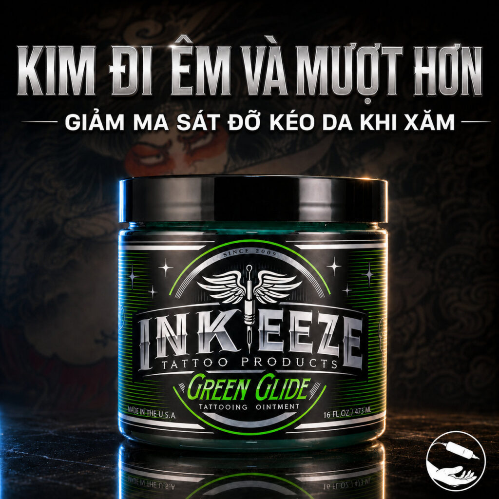 Kem bôi xăm Ink Eeze Green Glide Tattoo Ointment hỗ trợ làm mềm da, giảm ma sát khi đi kim, giúp thao tác mượt hơn và hỗ trợ lau mực thừa gọn hơn trong quá trình xăm.