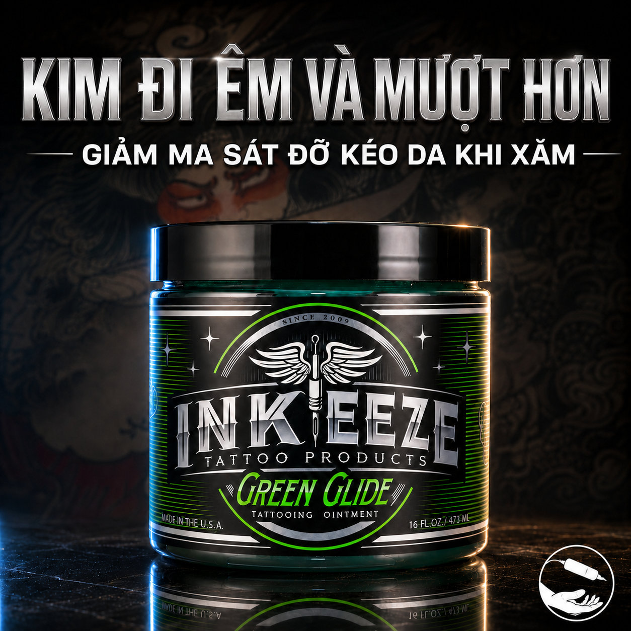 Kem bôi xăm Ink Eeze Green Glide Tattoo Ointment 16oz Kem bôi xăm Ink Eeze Green Glide Tattoo Ointment hỗ trợ làm mềm da, giảm ma sát khi đi kim, giúp thao tác mượt hơn và hỗ trợ lau mực thừa gọn hơn trong quá trình xăm.
