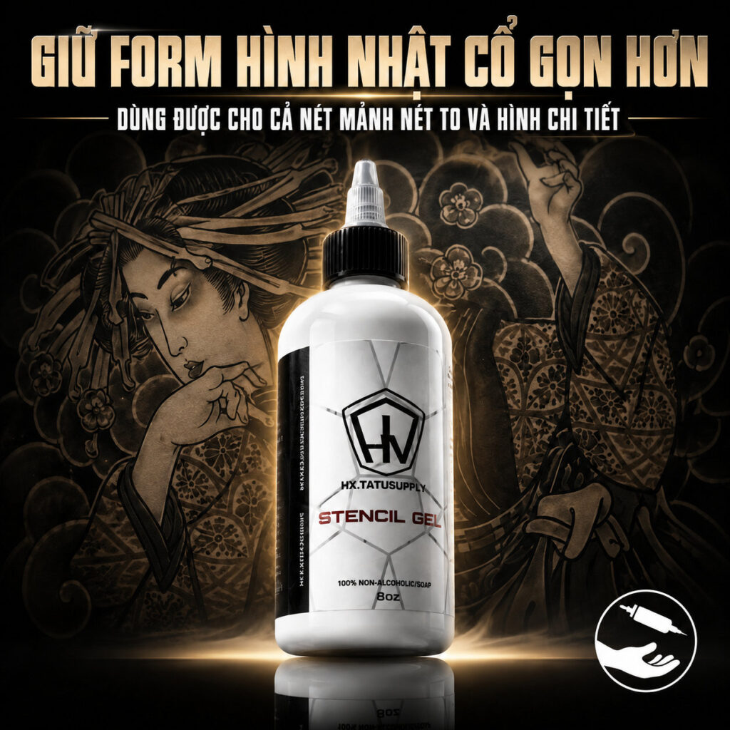 Gel scan hình xăm HV Stencil Gel 8oz hỗ trợ chuyển mẫu stencil lên da rõ nét, giúp thợ xăm dễ căn bố cục, hạn chế mờ nét và giữ đường scan ổn định hơn trong quá trình đi kim.