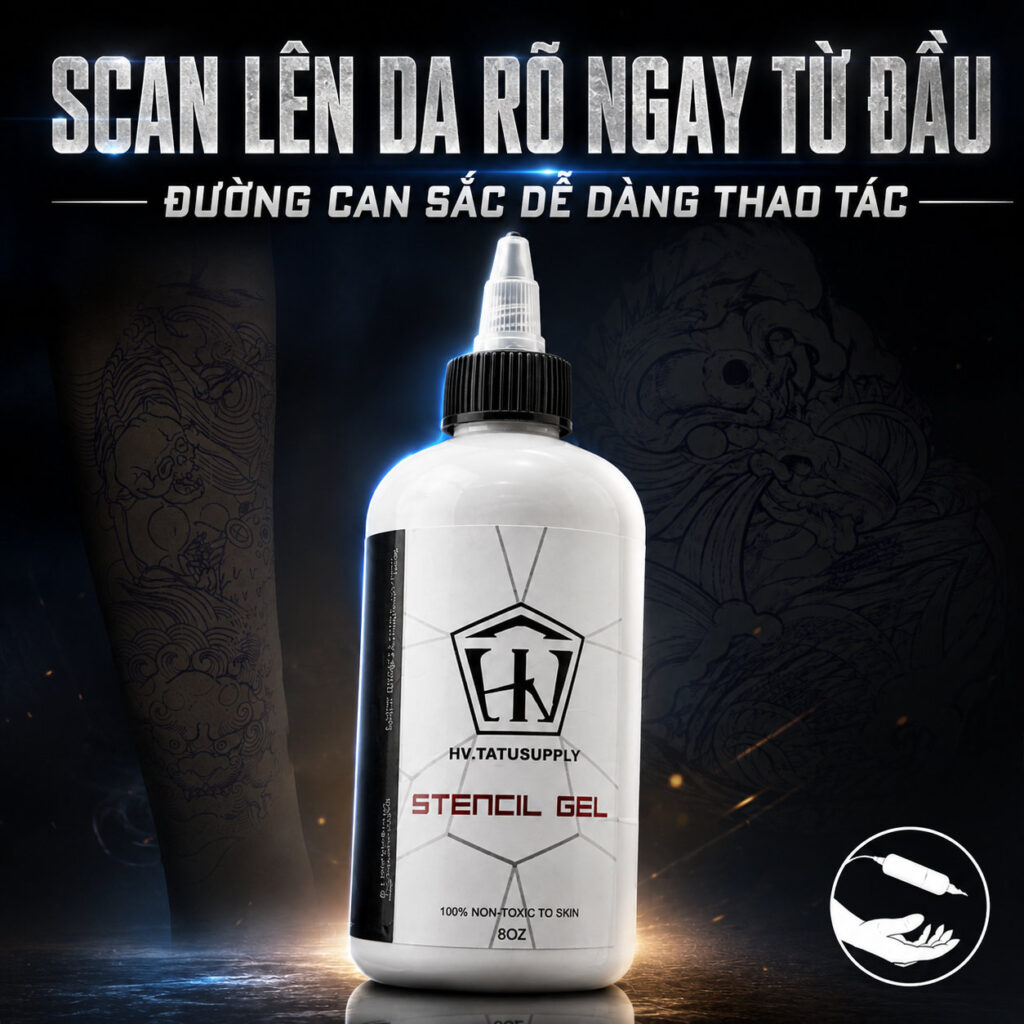 Gel scan hình xăm HV Stencil Gel 8oz hỗ trợ chuyển mẫu stencil lên da rõ nét, giúp thợ xăm dễ căn bố cục, hạn chế mờ nét và giữ đường scan ổn định hơn trong quá trình đi kim.