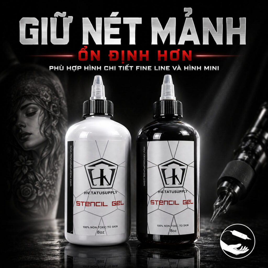 Gel scan hình xăm HV Stencil Gel 8oz hỗ trợ chuyển mẫu stencil lên da rõ nét, giúp thợ xăm dễ căn bố cục, hạn chế mờ nét và giữ đường scan ổn định hơn trong quá trình đi kim.