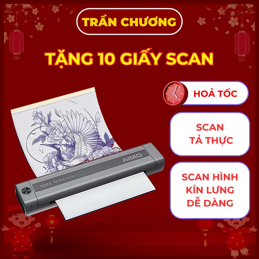 Máy scan hình xăm AIMO T08FS in nhiệt không cần mực in mẫu scan giấy tattoo kết nối Bluetooth cho thợ xăm