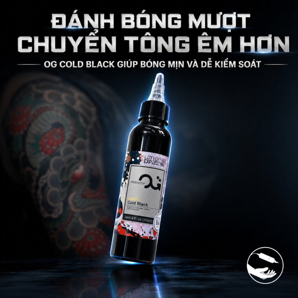 Set mực đen OG gồm các dòng mực chuyên dùng cho đi nét, tô nền và đánh bóng tattoo, hỗ trợ lên màu đen rõ, thao tác mượt và phù hợp cho thợ xăm chuyên nghiệp.