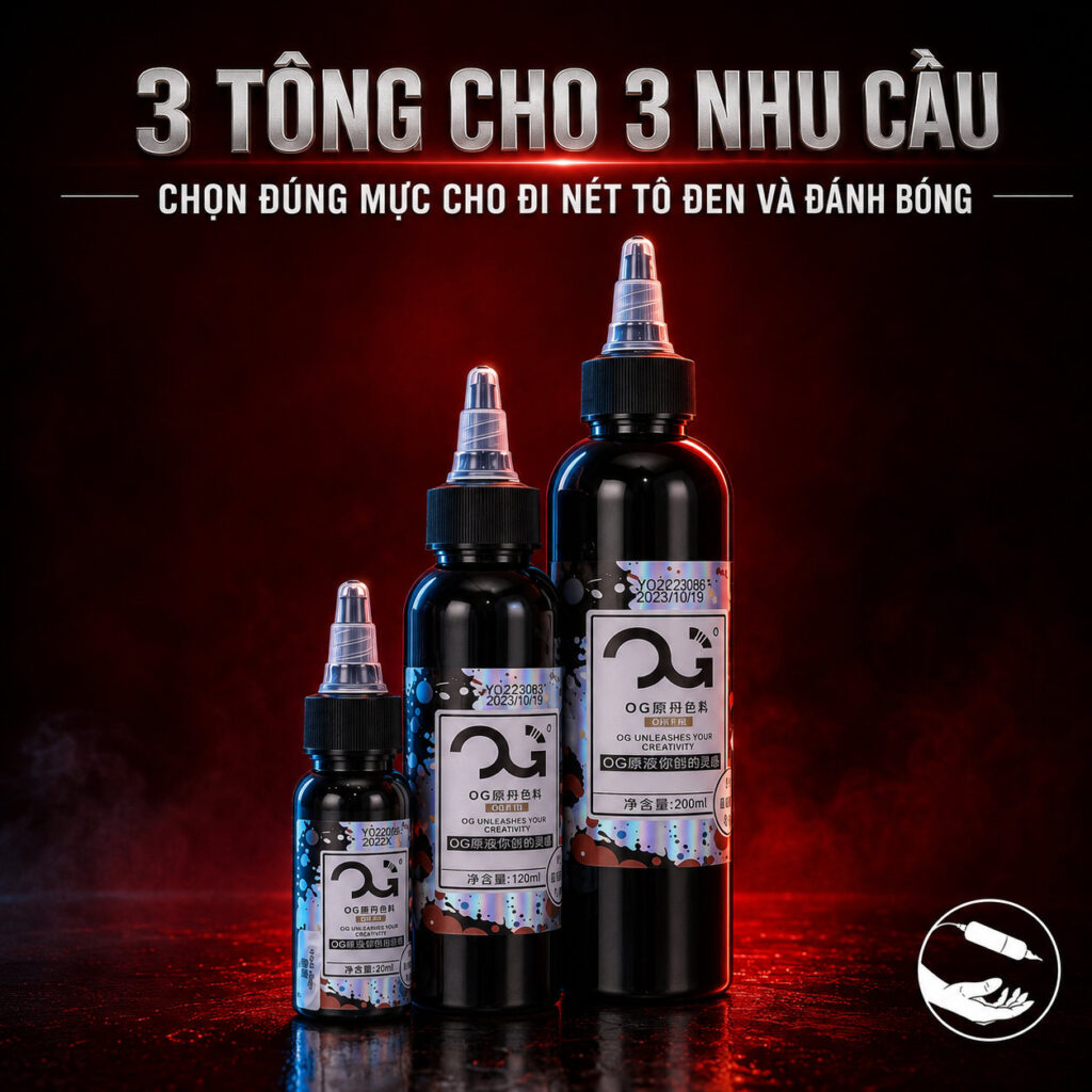 Set mực đen OG gồm các dòng mực chuyên dùng cho đi nét, tô nền và đánh bóng tattoo, hỗ trợ lên màu đen rõ, thao tác mượt và phù hợp cho thợ xăm chuyên nghiệp.