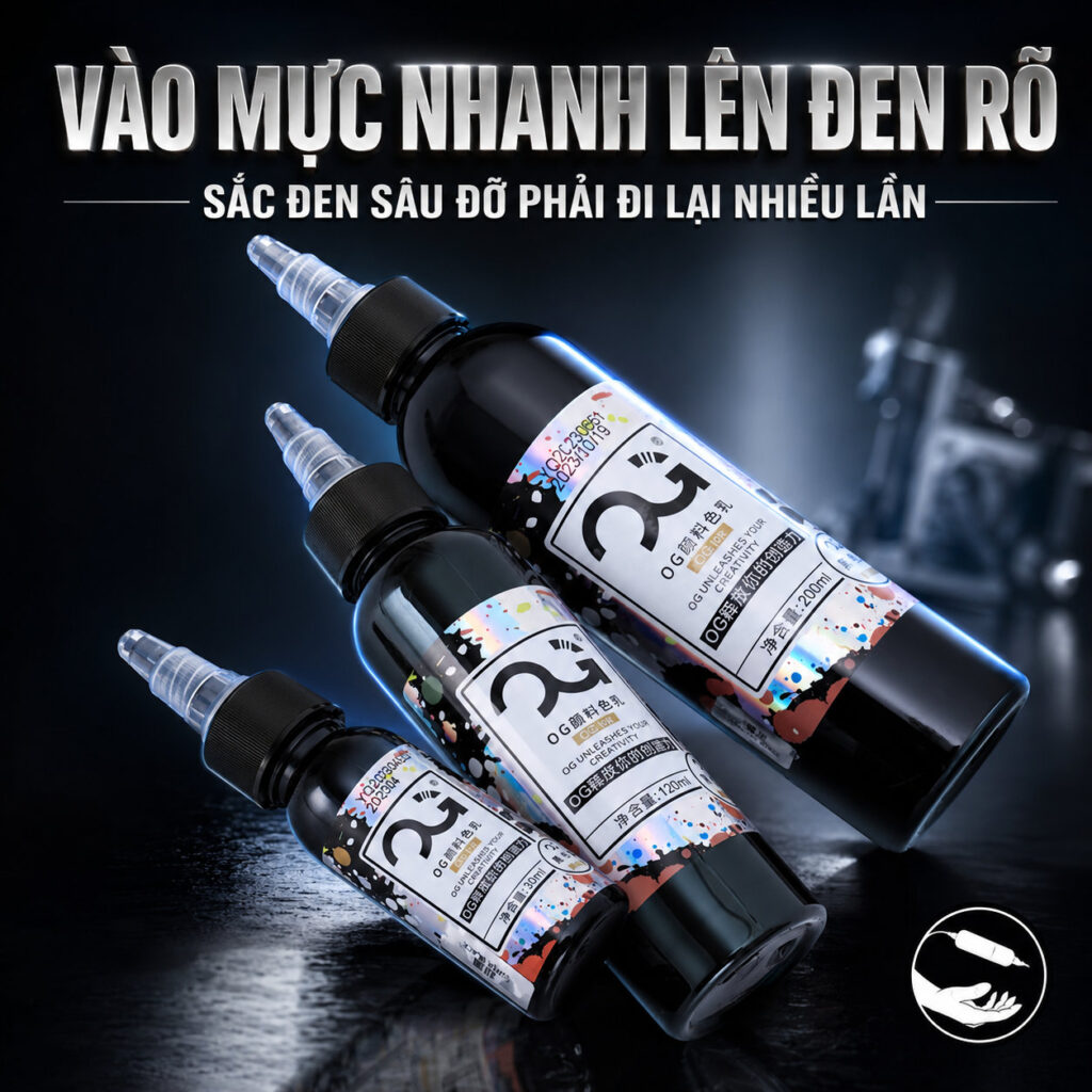 Set mực đen OG gồm các dòng mực chuyên dùng cho đi nét, tô nền và đánh bóng tattoo, hỗ trợ lên màu đen rõ, thao tác mượt và phù hợp cho thợ xăm chuyên nghiệp.