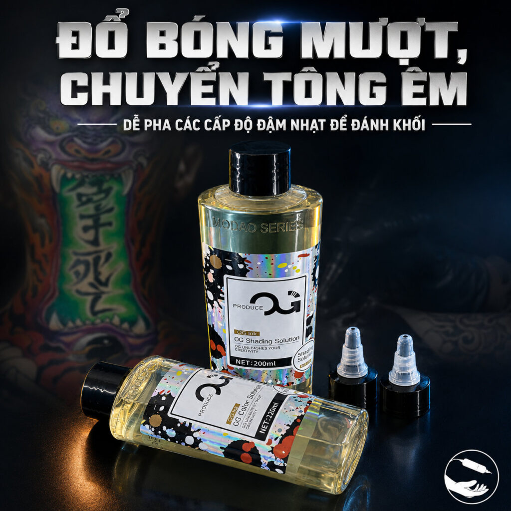 Bộ nước pha mực xăm OG gồm OG Color Solution và OG Shading Solution, hỗ trợ pha loãng mực, điều chỉnh sắc độ màu, pha greywash và giúp thợ xăm kiểm soát độ đậm nhạt khi tattoo.