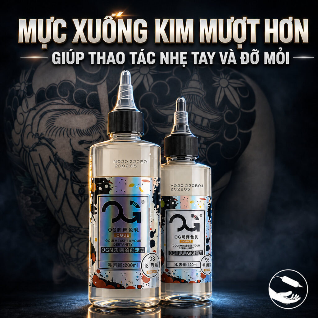 Bộ nước pha mực xăm OG gồm OG Color Solution và OG Shading Solution, hỗ trợ pha loãng mực, điều chỉnh sắc độ màu, pha greywash và giúp thợ xăm kiểm soát độ đậm nhạt khi tattoo.