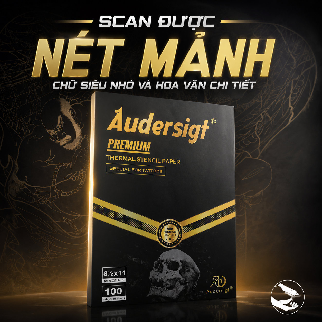giay-scan-hinh-xam-audersigt-premium-tat-thuc (6) Giấy scan hình xăm Audersigt Premium Thermal Stencil Paper là giấy scan nhiệt chuyên dùng để chuyển mẫu thiết kế lên da, kích thước 8.5 x 11 inch, hộp 100 tờ, phù hợp cho thợ xăm dùng với máy scan hình xăm và gel chuyển hình.