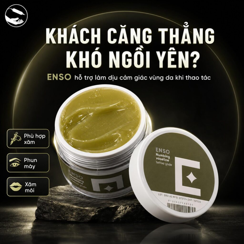 Vaseline Enso Tattoo Glide chuyên dụng cho thợ xăm Kem bôi xăm Enso Numbing Tattoo Glide hỗ trợ làm mềm da, giảm ma sát khi đi kim, giúp thao tác xăm mượt hơn và mang lại cảm giác êm dịu hơn trong quá trình tattoo.