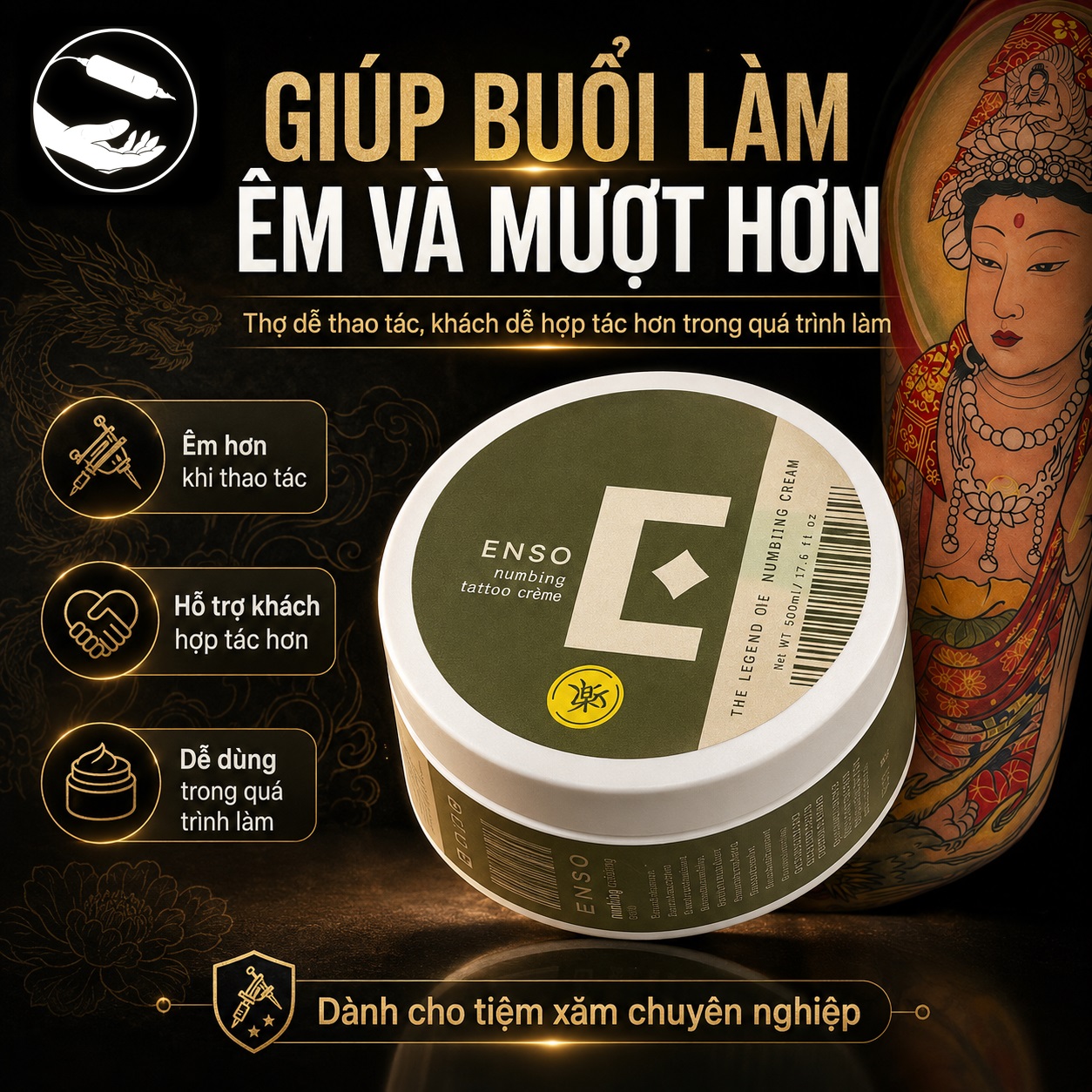 Vaseline Enso Tê (Enso Numbing Tattoo Glide) hỗ trợ làm mềm da, giảm ma sát khi đi kim.
