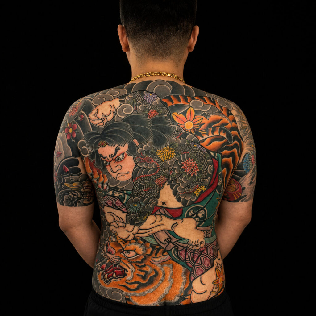 hinh-xam-nhat-co-full-lung-irezumi (5) Hình xăm Nhật cổ full lưng dùng mực xăm đen Diau-An cho nét và nền mây xám