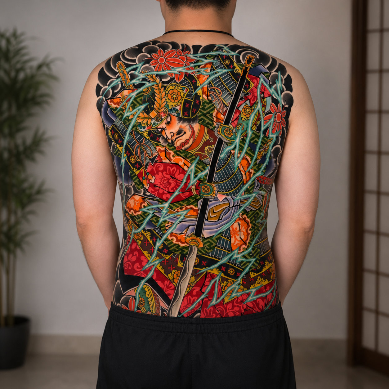 Hình xăm Nhật cổ full lưng họa tiết samurai hổ mây sóng phong cách Irezumi