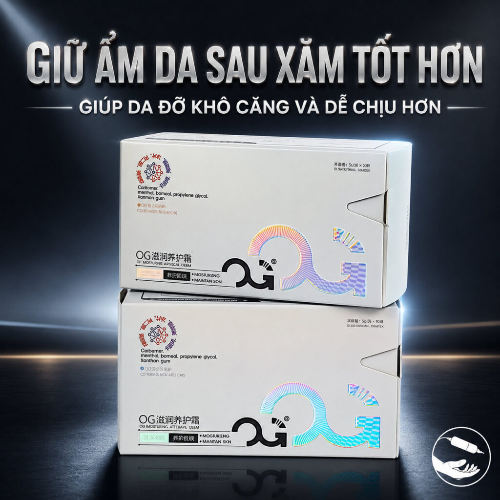 kem-duong-hinh-xam-og- (3) (1) Kem dưỡng hình xăm OG Moisturizing Aftercare Cream dạng gói hỗ trợ giữ ẩm, làm mềm da và chăm sóc bề mặt hình xăm sau xăm, phù hợp để thợ xăm tặng kèm hoặc hướng dẫn khách sử dụng tại nhà.