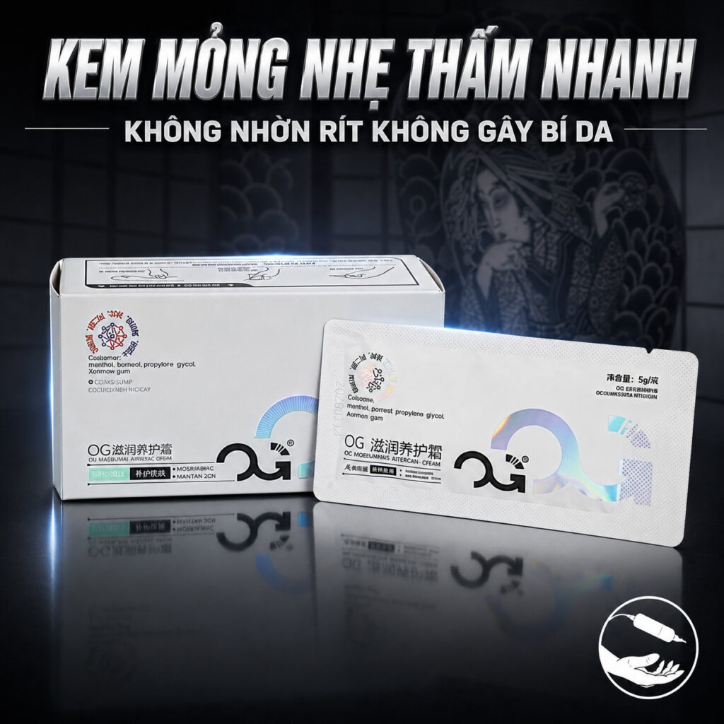 kem-duong-hinh-xam-og- (4) (1) Kem dưỡng hình xăm OG Moisturizing Aftercare Cream dạng gói hỗ trợ giữ ẩm, làm mềm da và chăm sóc bề mặt hình xăm sau xăm, phù hợp để thợ xăm tặng kèm hoặc hướng dẫn khách sử dụng tại nhà.