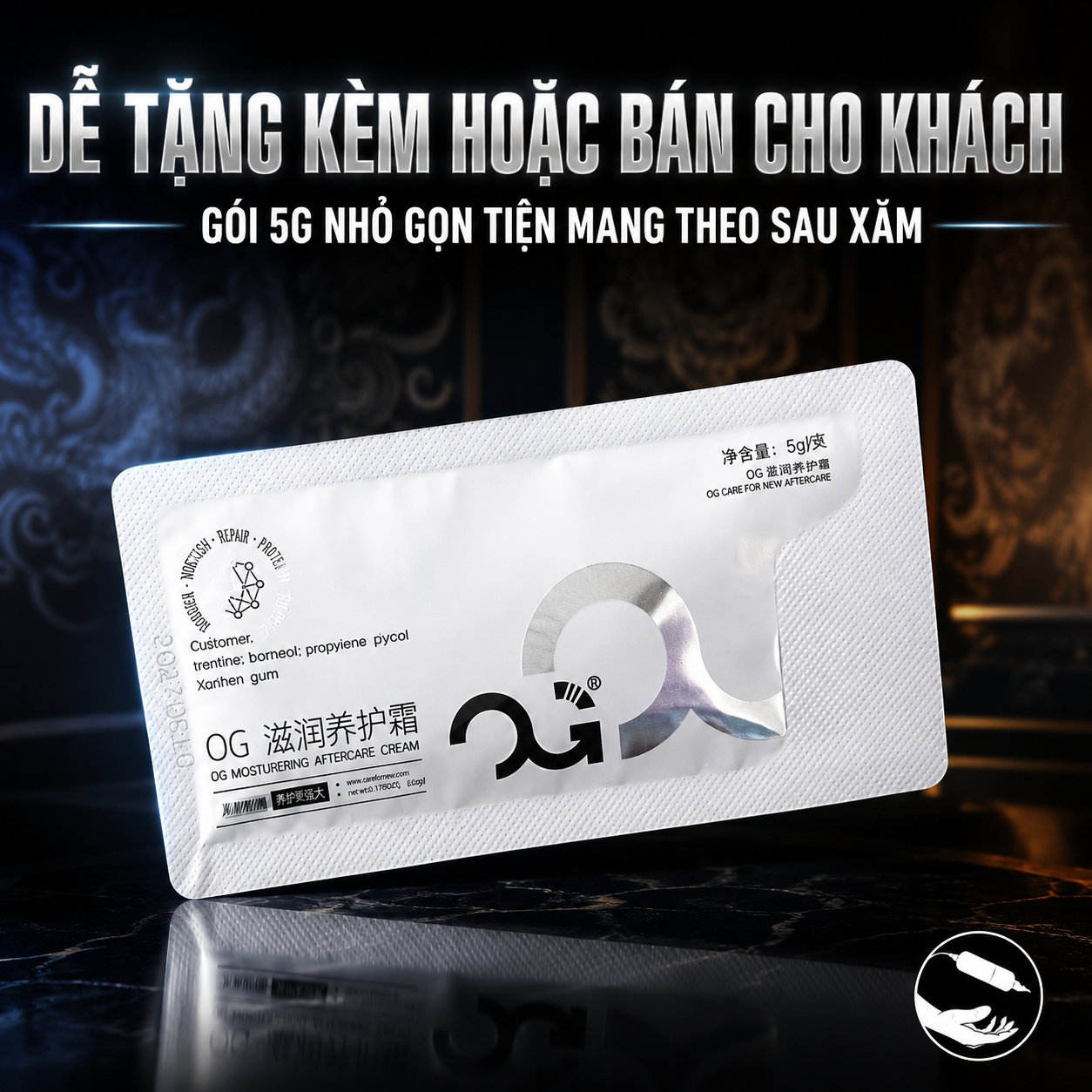 Kem dưỡng hình xăm OG Moisturizing Aftercare Cream dạng gói hỗ trợ giữ ẩm, làm mềm da và chăm sóc bề mặt hình xăm sau xăm, phù hợp để thợ xăm tặng kèm hoặc hướng dẫn khách sử dụng tại nhà.