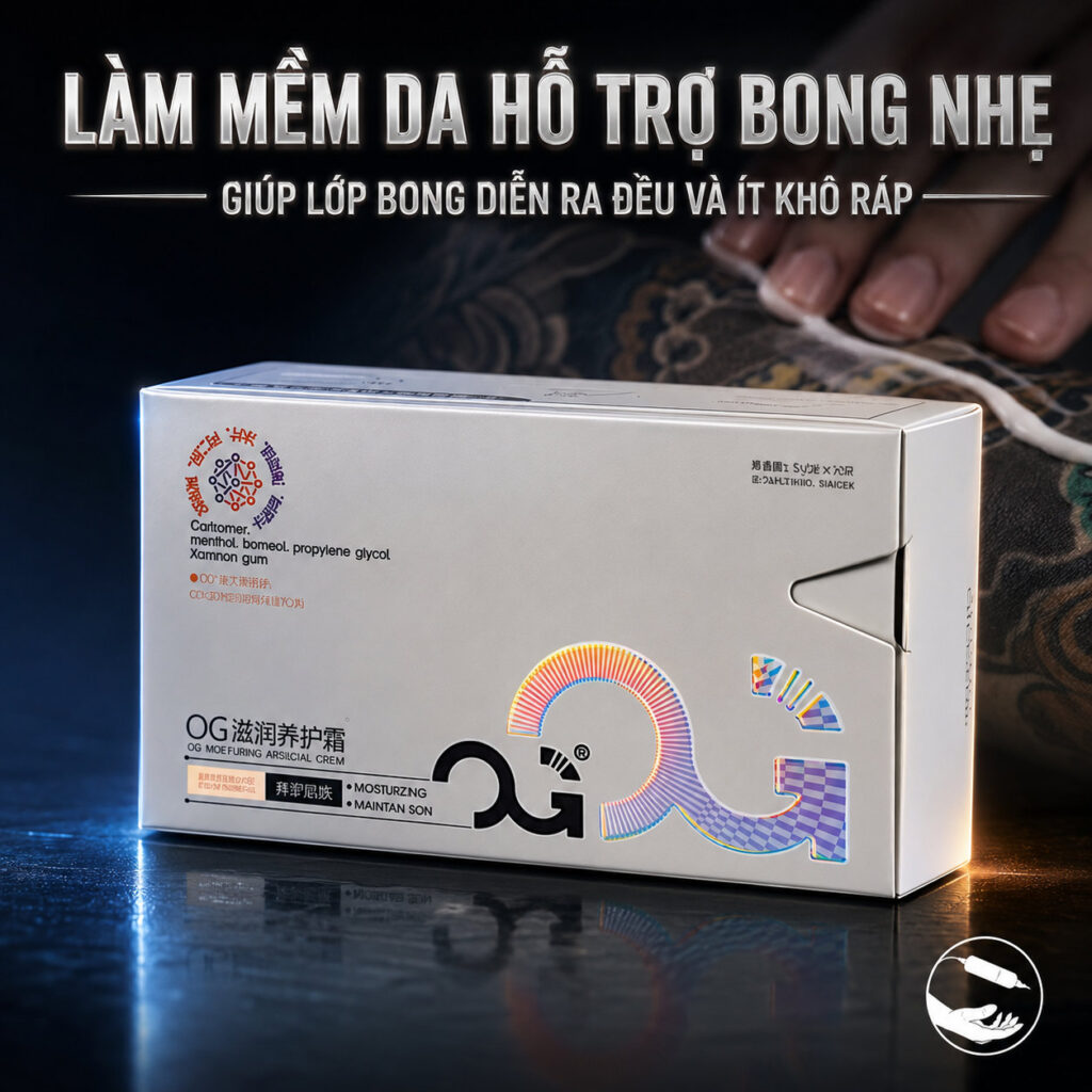 kem-duong-hinh-xam-og- (8) (1) Kem dưỡng hình xăm OG Moisturizing Aftercare Cream dạng gói hỗ trợ giữ ẩm, làm mềm da và chăm sóc bề mặt hình xăm sau xăm, phù hợp để thợ xăm tặng kèm hoặc hướng dẫn khách sử dụng tại nhà.