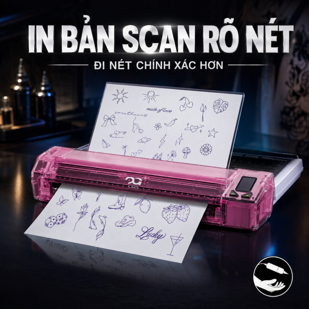 Máy scan hình xăm OG là máy in stencil tattoo hỗ trợ thợ xăm in mẫu thiết kế ra giấy scan nhanh hơn, giúp chuyển hình lên da rõ nét, tiết kiệm thời gian phác thảo và phù hợp cho studio xăm chuyên nghiệp.