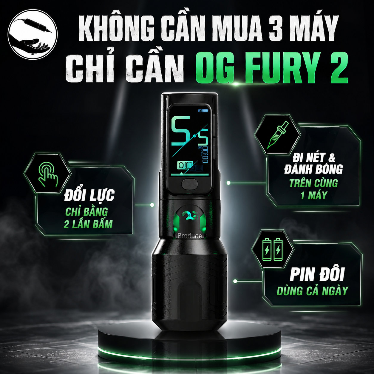 Máy xăm OG Fury 2 là máy xăm không dây dùng cho thợ xăm chuyên nghiệp, thiết kế pin rời, màn hình hiển thị thông số, phù hợp cho đi nét, đánh bóng, tô màu và xử lý nhiều phong cách hình xăm.
