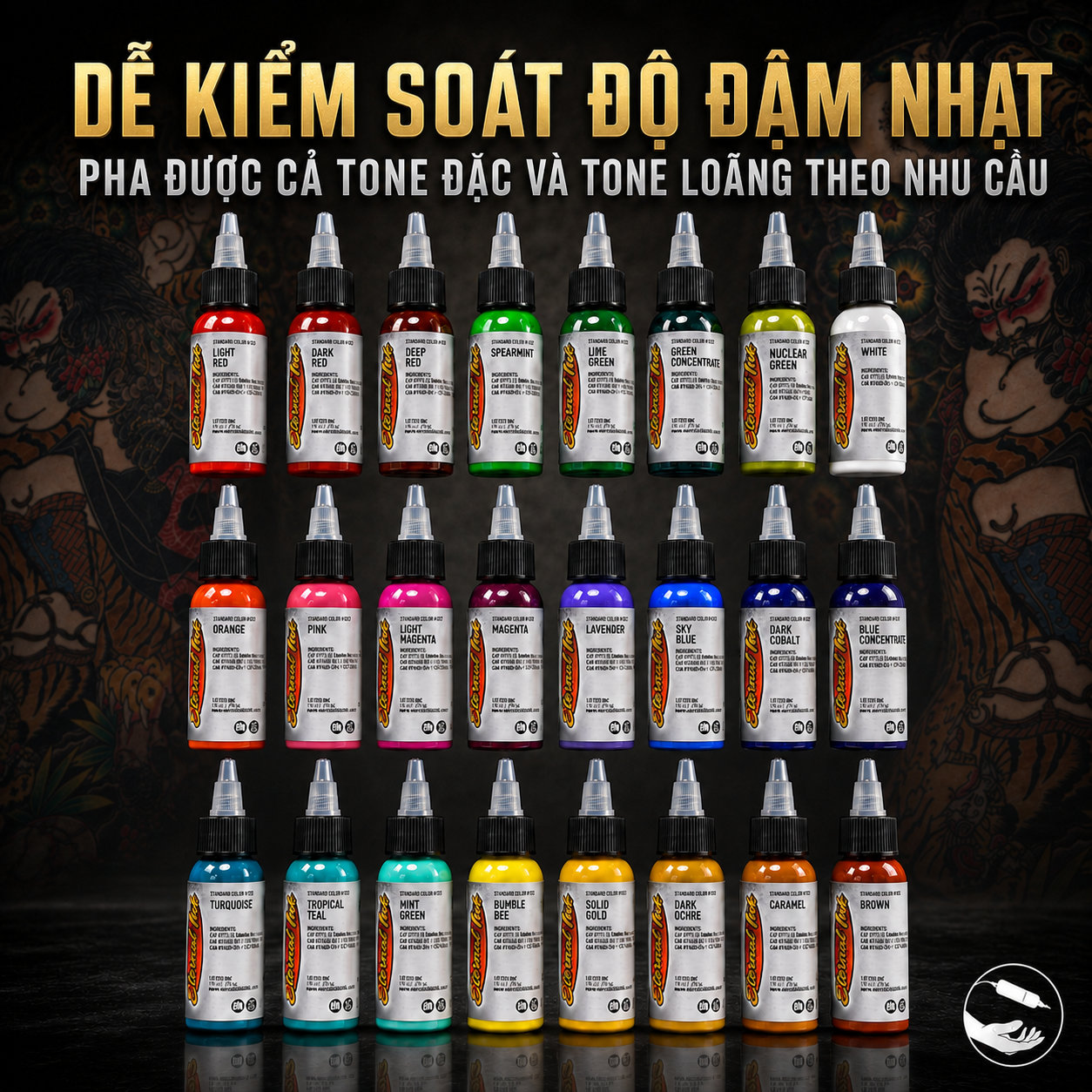Bảng màu mực xăm Eternal Ink nhiều màu dành cho thợ xăm chuyên nghiệp