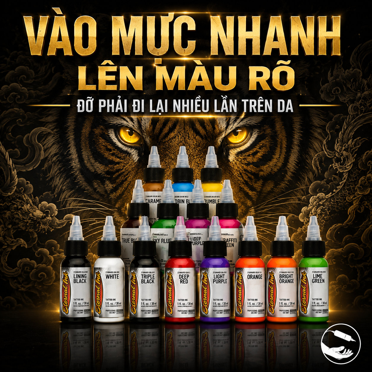 Banner mực xăm Eternal vào mực nhanh lên màu rõ với các chai Lining Black, White, Deep Red