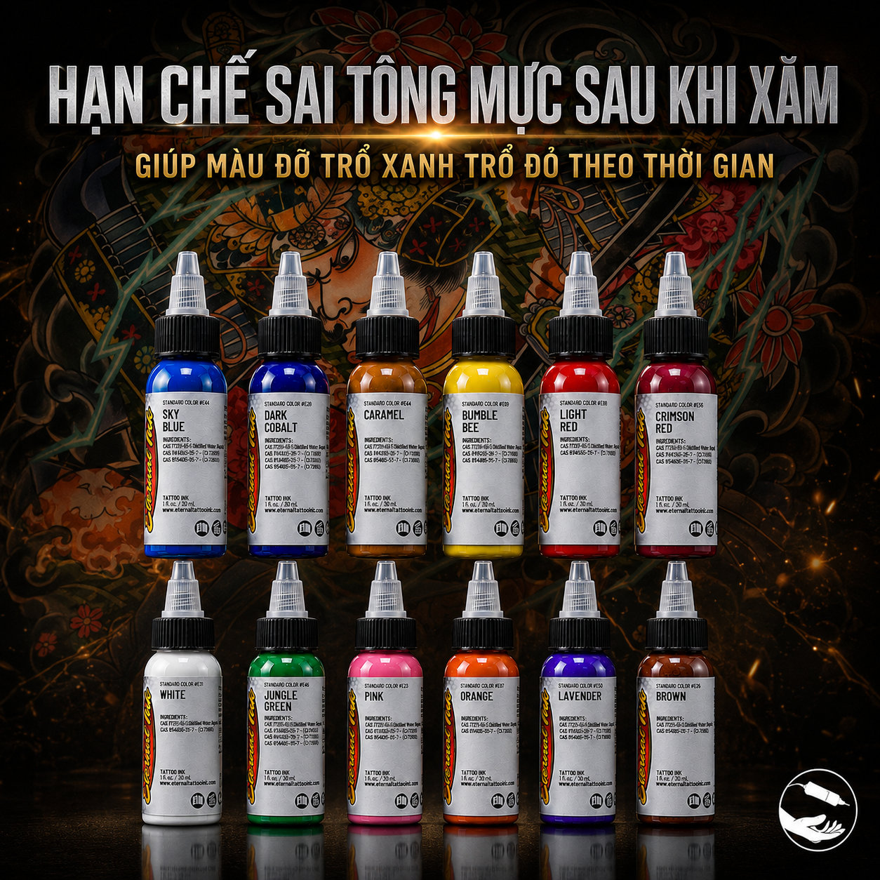 Bảng màu mực xăm Eternal Ink nhiều màu dành cho thợ xăm chuyên nghiệp