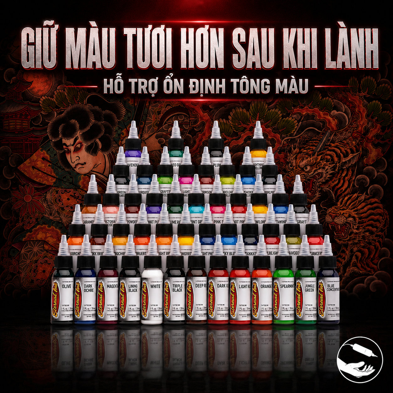 Bảng màu mực xăm Eternal Ink nhiều màu dành cho thợ xăm chuyên nghiệp