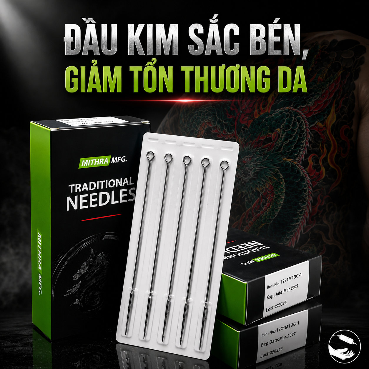 Kim xăm truyền thống Mithra MFG Traditional Needles là dòng kim dài dùng cho máy xăm coil hoặc tay cầm truyền thống, phù hợp cho thợ xăm cần thao tác đi nét, đánh bóng, tô màu và xử lý chi tiết theo từng cấu hình kim.