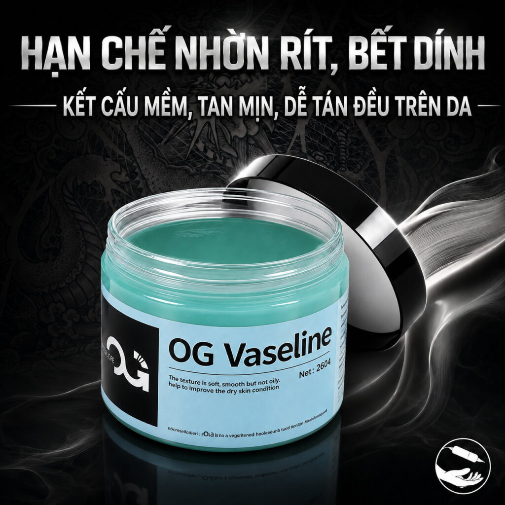 vaseline-tattoo-og-vaseline-xam-hinh-og-1 (14) (1) Sáp bôi xăm OG Vaseline hỗ trợ làm mềm da, giảm ma sát khi đi kim, giúp thao tác đi nét, đổ bóng và tô màu mượt hơn trong quá trình xăm.