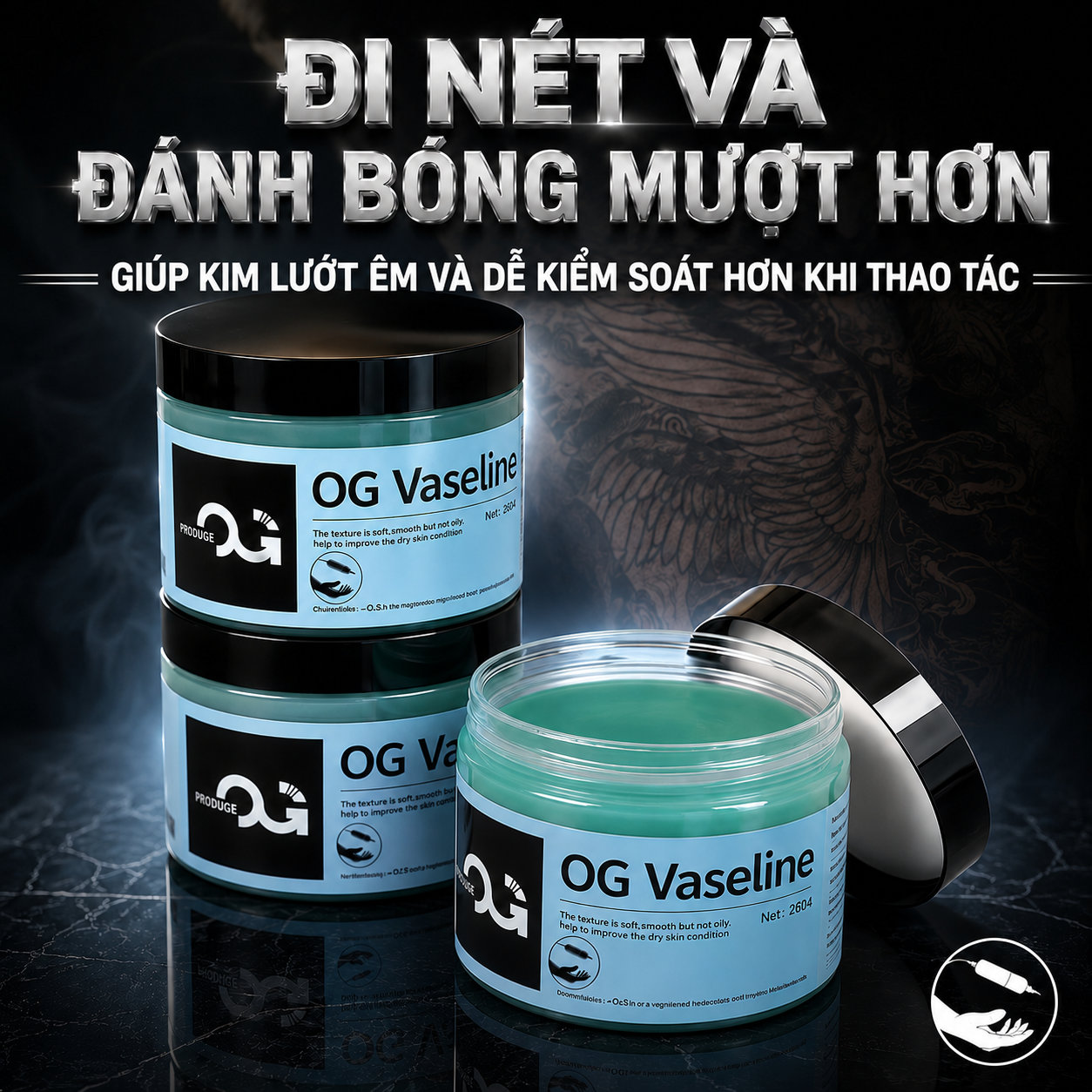 Sáp bôi xăm OG Vaseline hỗ trợ làm mềm da, giảm ma sát khi đi kim, giúp thao tác đi nét, đổ bóng và tô màu mượt hơn trong quá trình xăm.