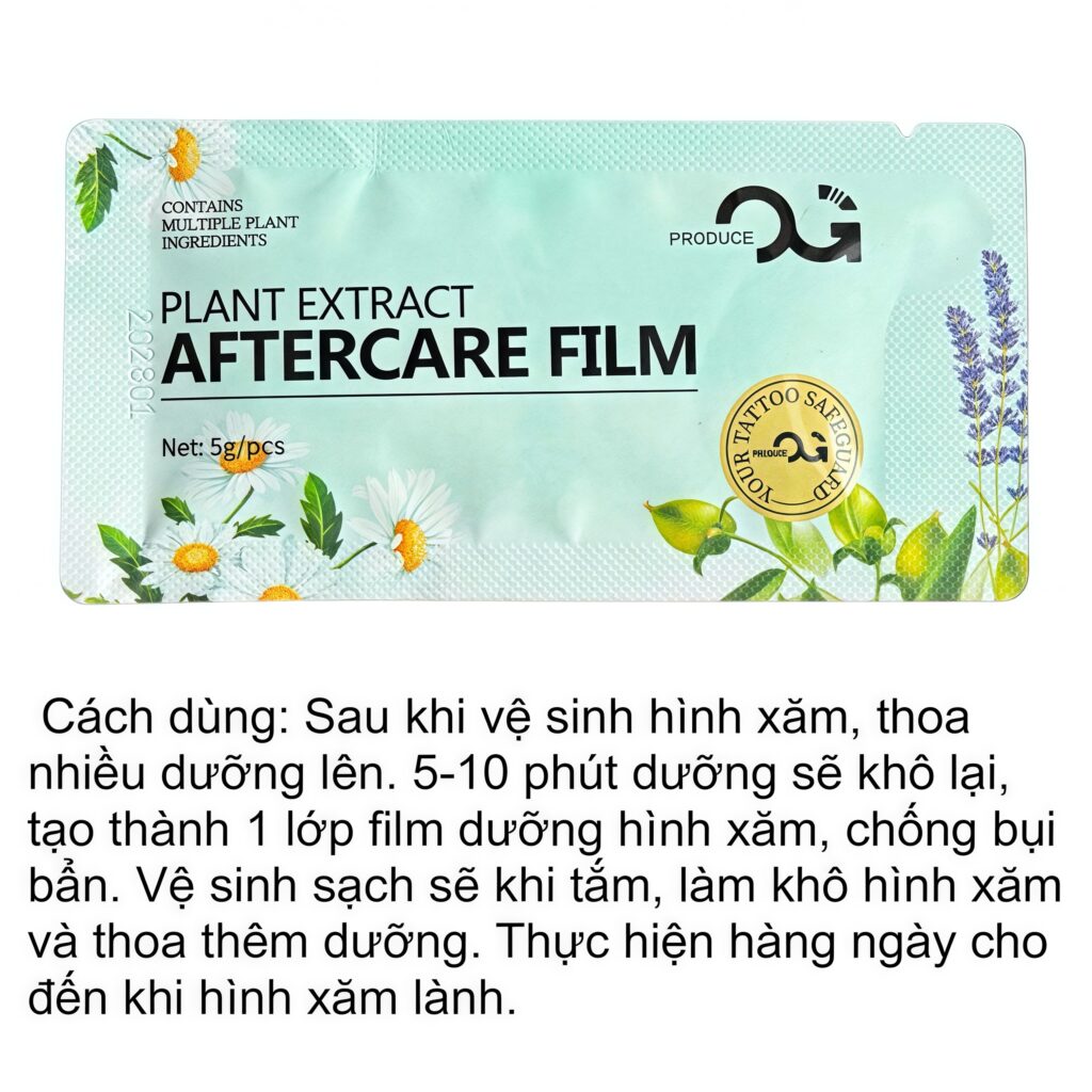 Dưỡng hình xăm OG Plant Extract Aftercare Film là sản phẩm chăm sóc sau xăm dạng gói, hỗ trợ làm mềm da, giữ ẩm bề mặt hình xăm và tạo lớp film mỏng sau khi thoa, giúp hạn chế bụi bẩn bám trực tiếp lên vùng da mới xăm.