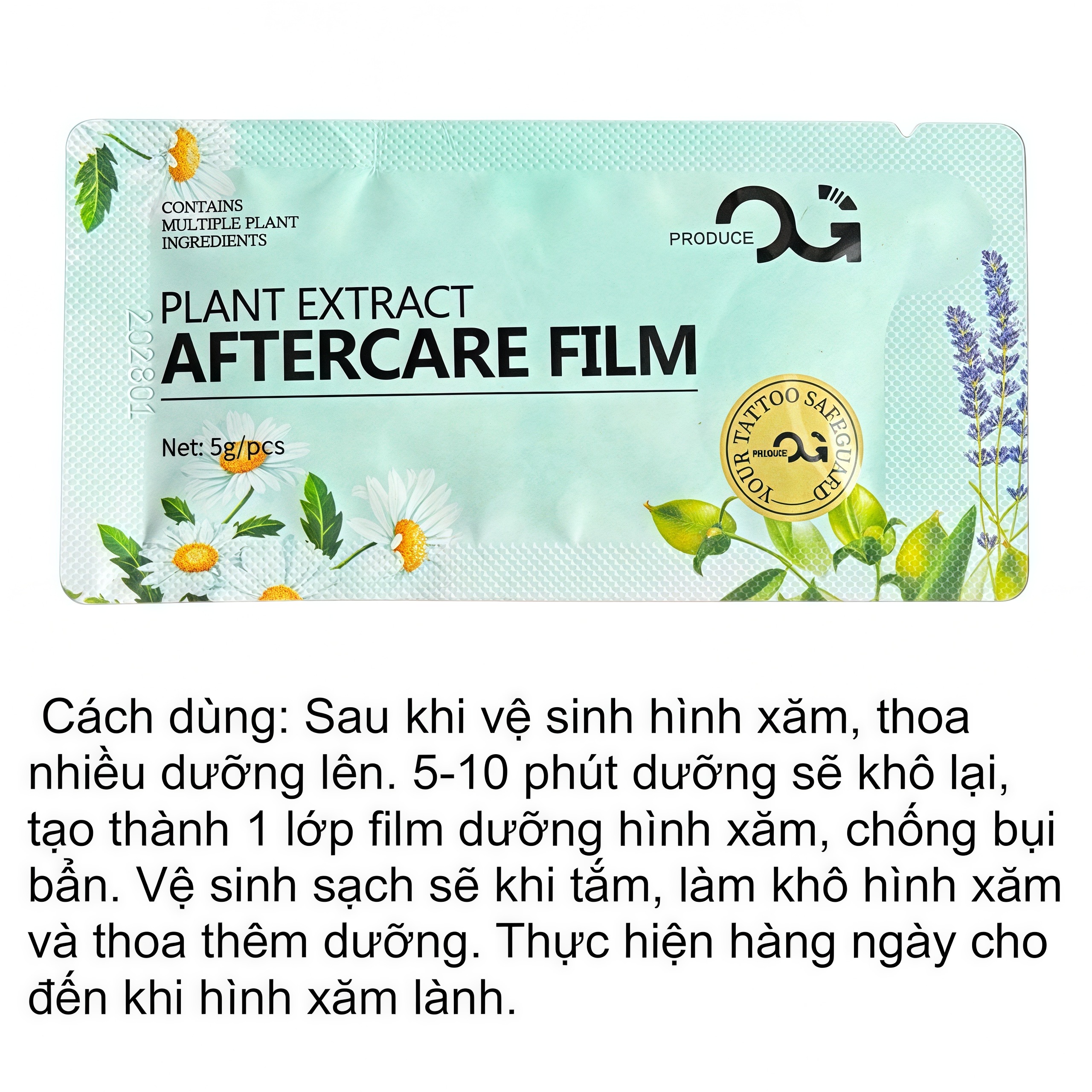 duong-hinh-xam-og-film- (3) Dưỡng hình xăm OG Plant Extract Aftercare Film là sản phẩm chăm sóc sau xăm dạng gói, hỗ trợ làm mềm da, giữ ẩm bề mặt hình xăm và tạo lớp film mỏng sau khi thoa, giúp hạn chế bụi bẩn bám trực tiếp lên vùng da mới xăm.
