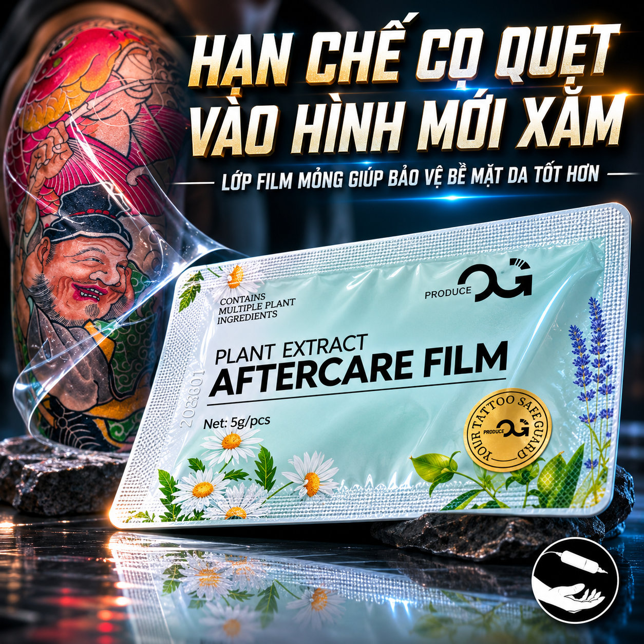 Dưỡng hình xăm OG Plant Extract Aftercare Film là sản phẩm chăm sóc sau xăm dạng gói, hỗ trợ làm mềm da, giữ ẩm bề mặt hình xăm và tạo lớp film mỏng sau khi thoa, giúp hạn chế bụi bẩn bám trực tiếp lên vùng da mới xăm.