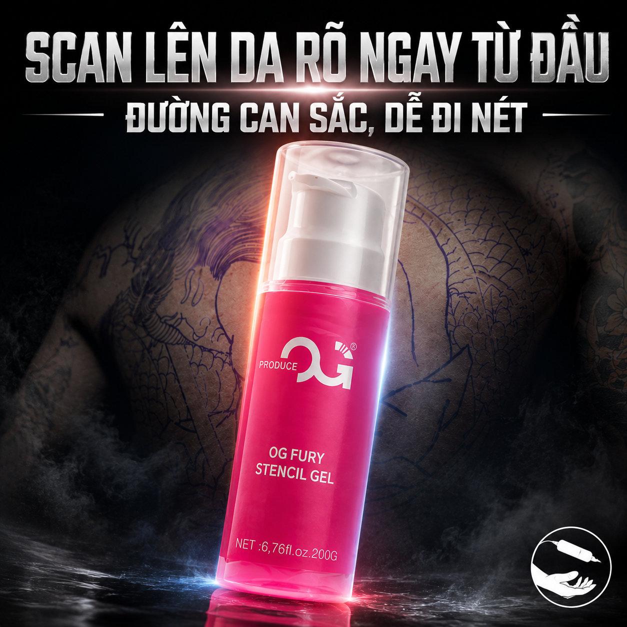 Gel scan hình xăm OG Fury Stencil Gel 200g hỗ trợ chuyển hình scan/stencil lên da rõ nét, giúp thợ xăm dễ căn bố cục, giữ nét ổn định hơn trong quá trình đi kim và hạn chế tình trạng lem, mờ nét khi thao tác.