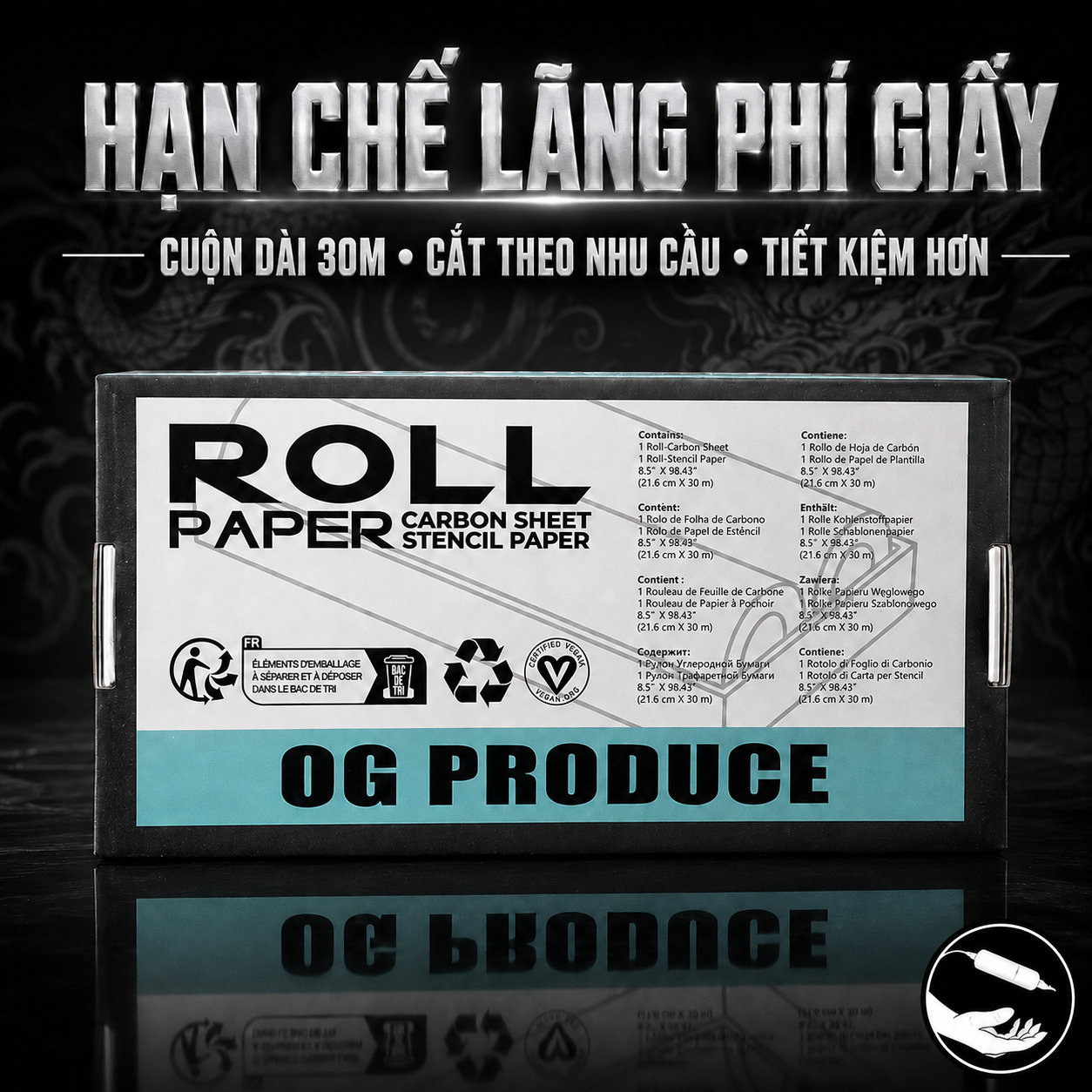 Mặt sau hộp giấy stencil cuộn OG Produce Roll Paper cuộn dài 30m cắt theo nhu cầu