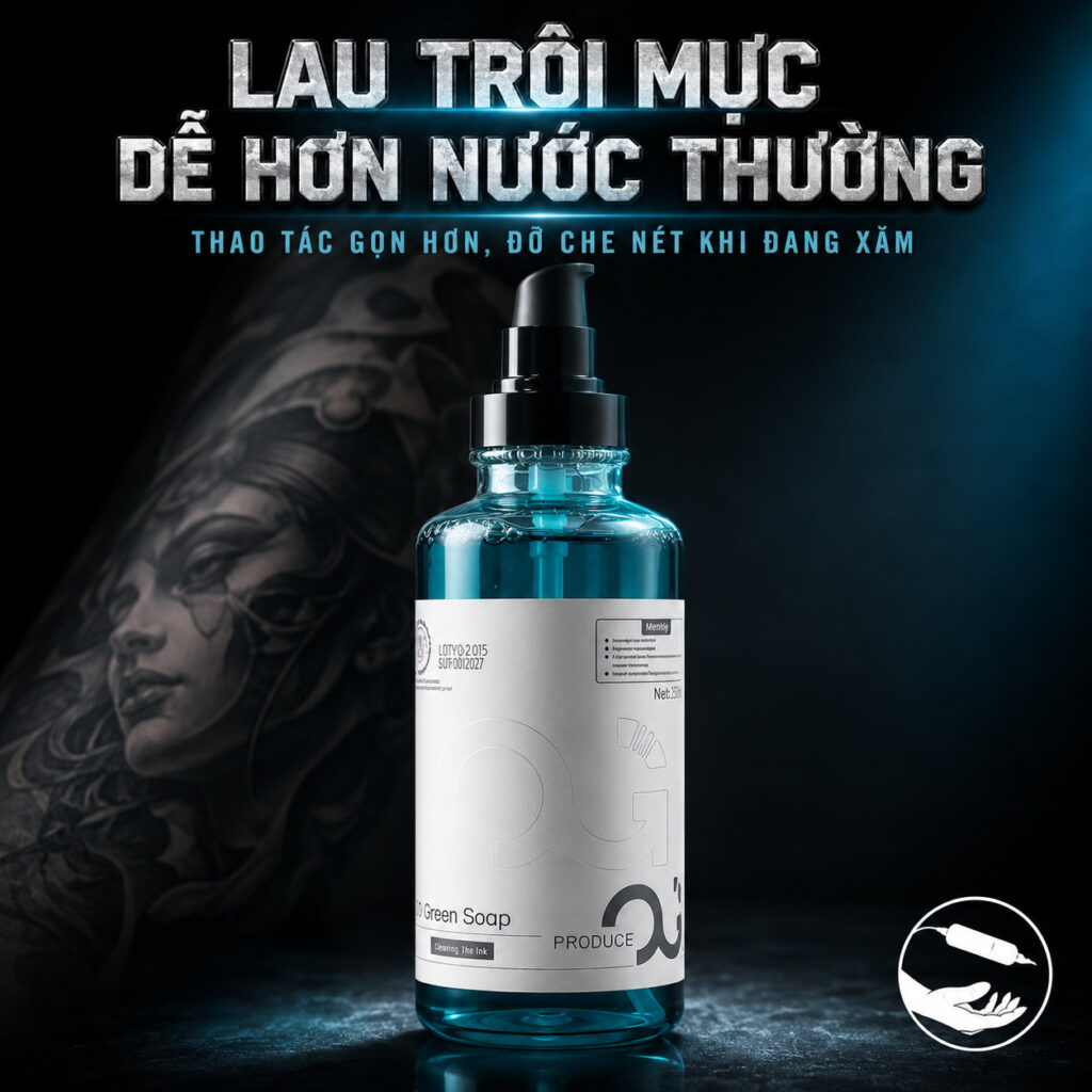 xam-og-green-soap-blue-soap-6 (6) (1) Nước rửa hình xăm OG Green Soap hỗ trợ làm sạch mực thừa trên da, tạo bọt nhẹ, cho cảm giác mát dịu và giúp thợ xăm nhìn rõ đường kim hơn trong quá trình đi nét, đổ bóng và tô màu.