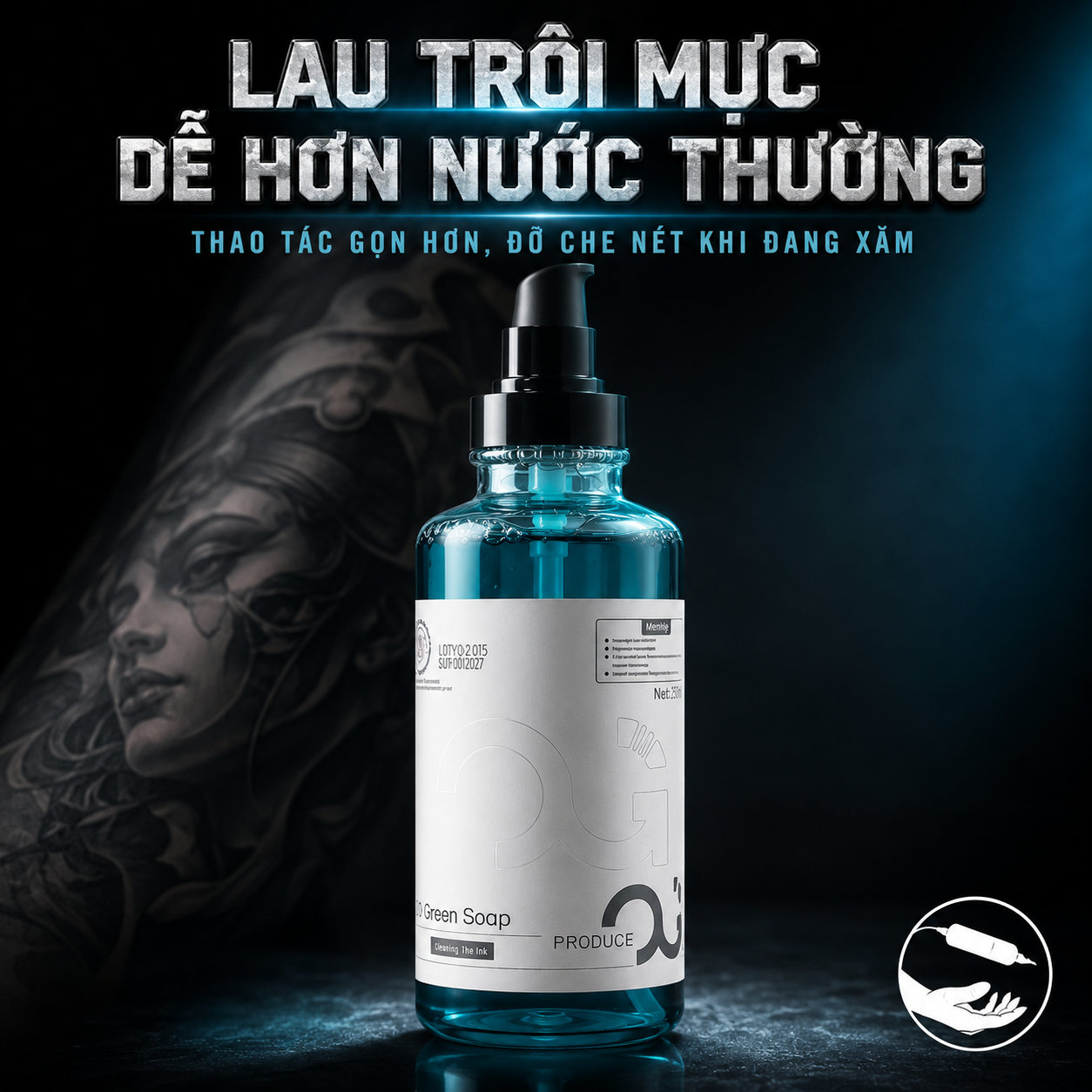 Nước rửa hình xăm OG Green Soap hỗ trợ làm sạch mực thừa trên da, tạo bọt nhẹ, cho cảm giác mát dịu và giúp thợ xăm nhìn rõ đường kim hơn trong quá trình đi nét, đổ bóng và tô màu.