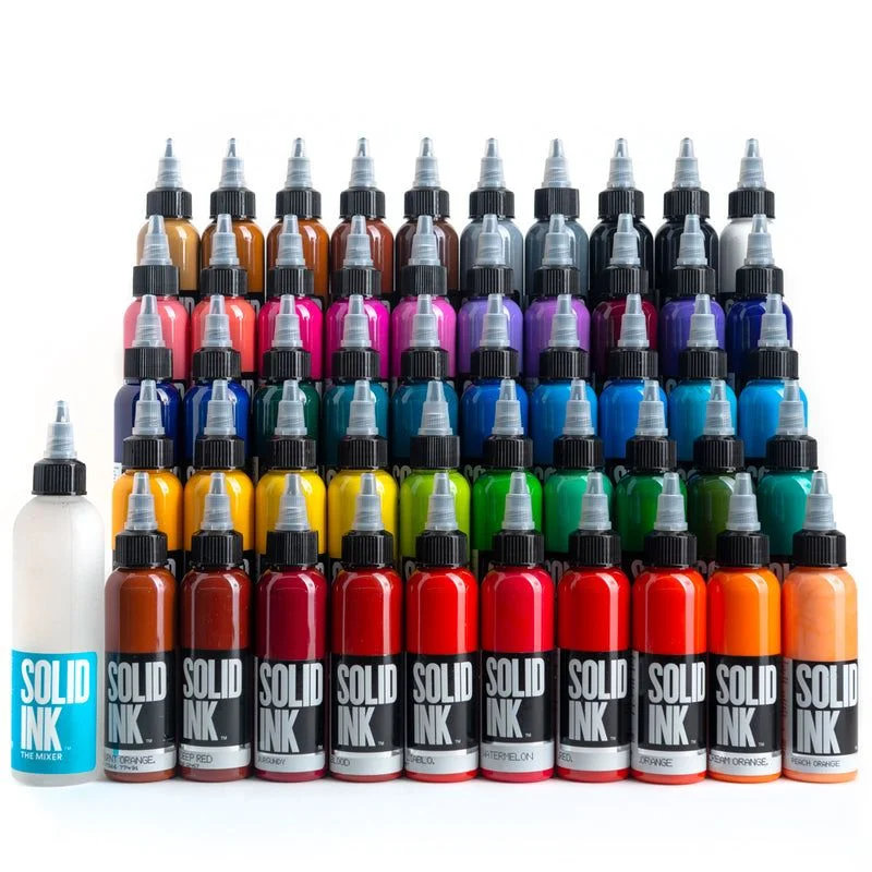 Bộ 50 màu mực xăm Solid Ink kèm chai The Mixer dành cho thợ xăm
