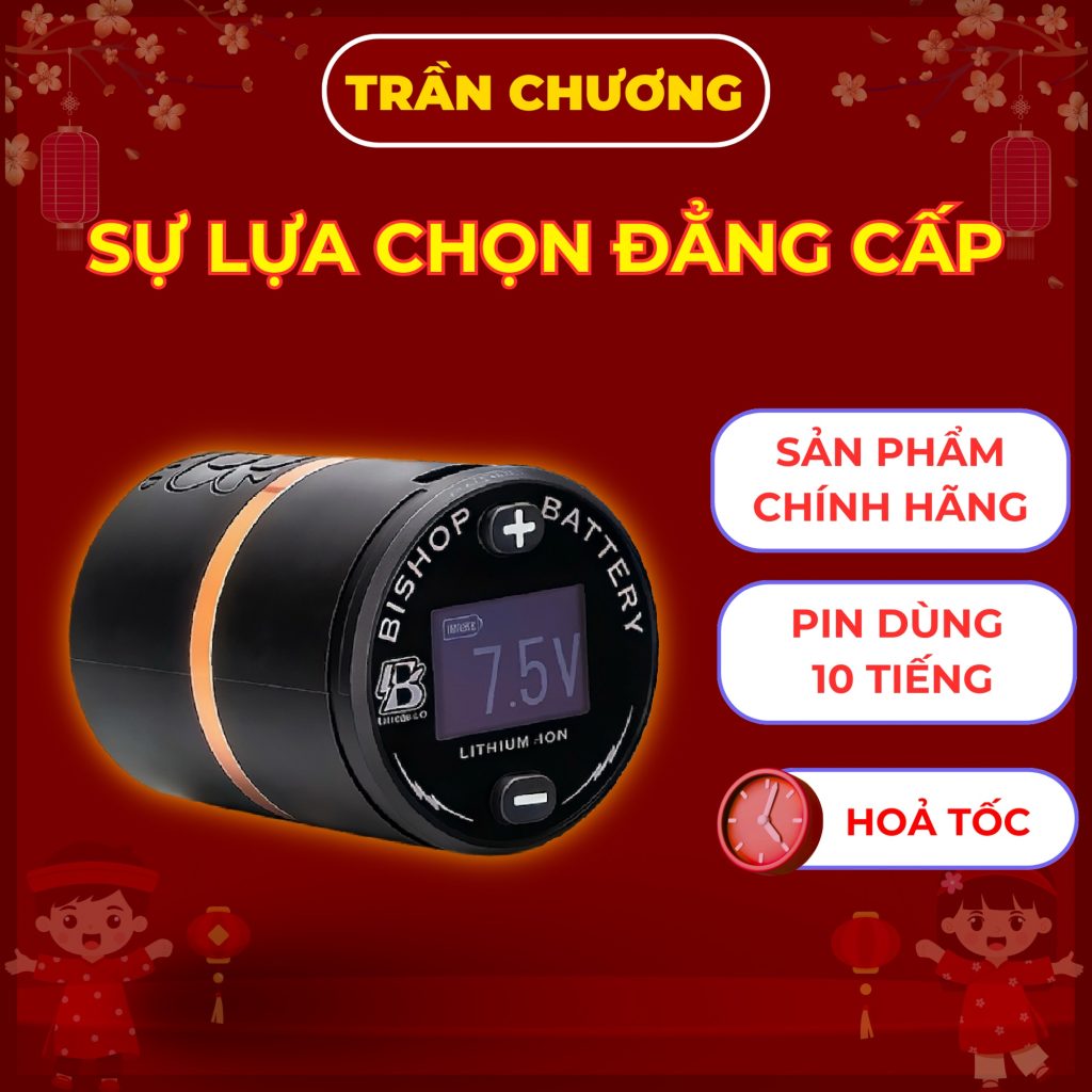 pin-may-xam-bishop- Pin Bishop B-Charged RCA không dây màn hình OLED chỉnh điện áp 4-12V cho máy xăm pen cổng RCA