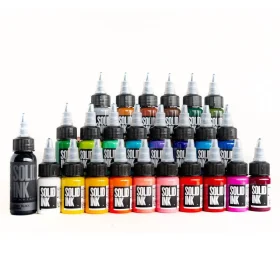 Bộ mực xăm Solid Ink gồm nhiều tông màu khác nhau, phù hợp cho thợ xăm cần tô màu, pha màu, chuyển sắc và xử lý các thiết kế tattoo nhiều màu.